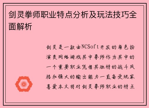 剑灵拳师职业特点分析及玩法技巧全面解析